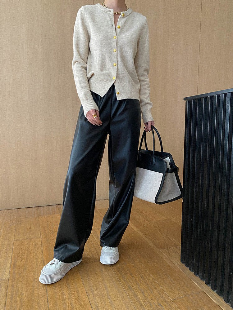 High Elastic Waist Coffee Pu Leather Long Wide Leg Pants New Trousers Women Fashion Tide Spring Autumn
