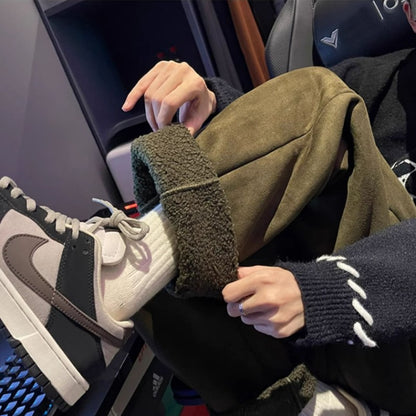 Women's Suede Thickened Straight Leg Pants Korean Style Wide Leg Autumn Winter New Student Fashion Casual Trousers