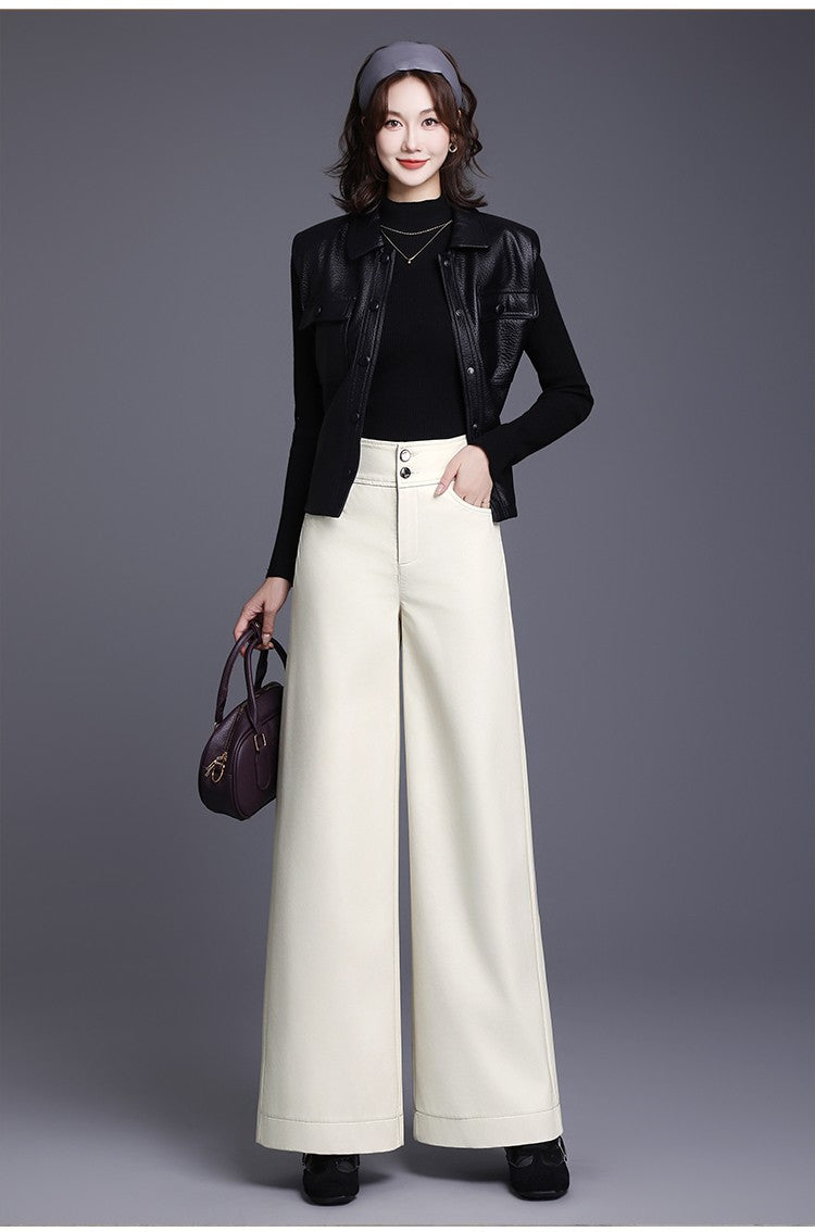 ZUZK High Quality Women PU Leather Wed Leg Pants  Autumn Winter Fashion Warm Long Leather Pants Elegant LeatherTrousers