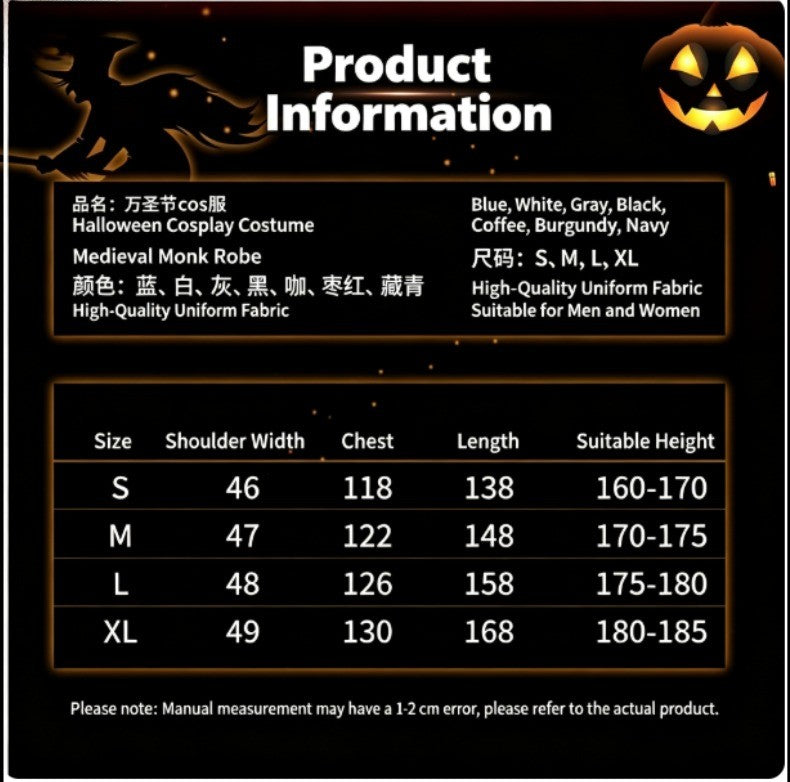 Medieval Hooded Monk Friar Priest Wizard Long Robe Unisex Adult Loose Stage Outfit For Masquerade Theme Party Halloween Cosplay