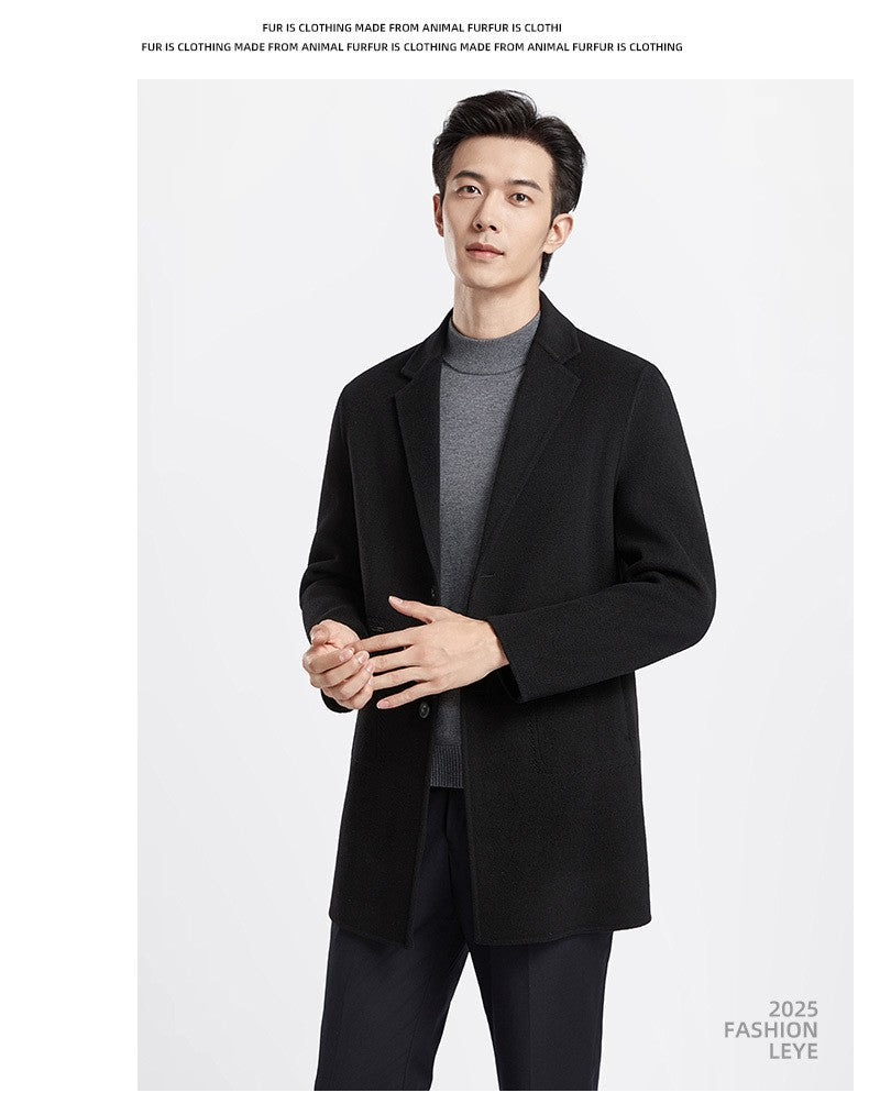 Men's 100% Wool Blend Overcoat - British-Inspired Mid-Length Trench Coat for All-Weather Smart Casual Wear