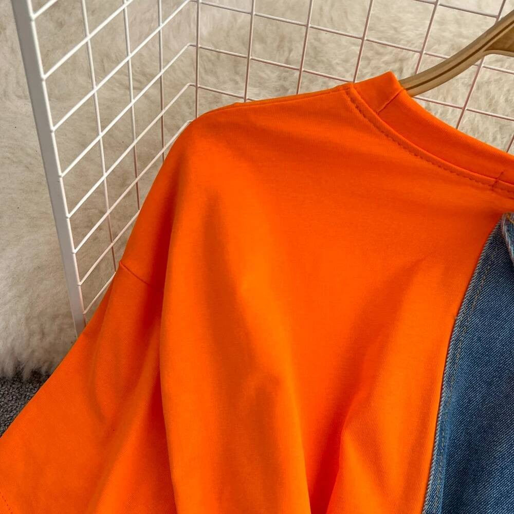 XFPV Women's Sweet high Waist Wrap Belt Round Neck patchwork Denim Shirt  Chic Top Y2k Korean Fashion Spring Summer 2025 SM11327