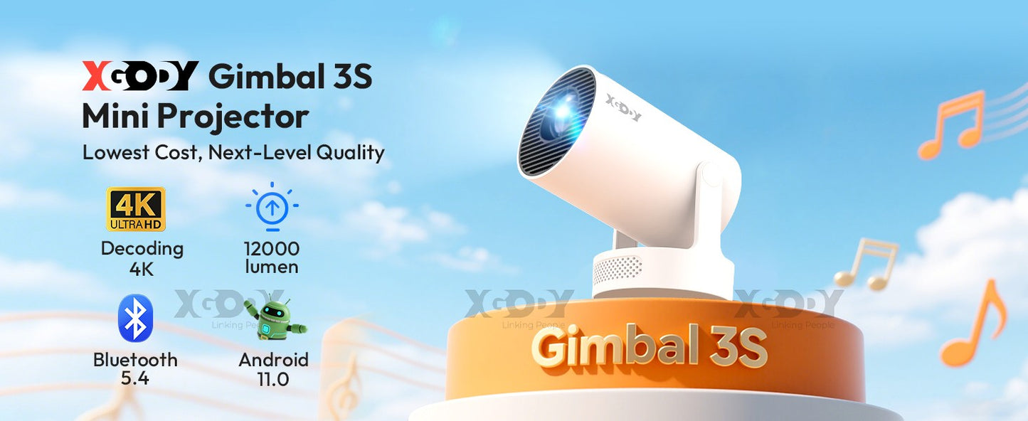 XGODY Projector Beamer Gimbal 3S 4K Wifi6  Short Throw Projector Android11 ??260 ANSI Dual WIFI BT5.0 1280*720P Home Theater