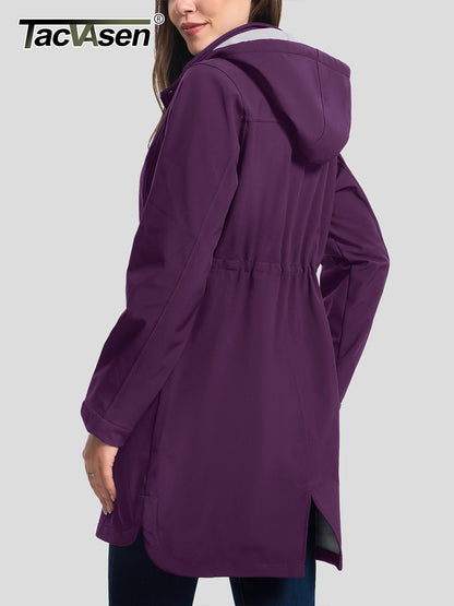 TACVASEN Women's Long Hooded Jacket Fleece Lined Softshell Jacket Waterproof Windproof Hiking Jacket Rain Coat Windbreaker Parka