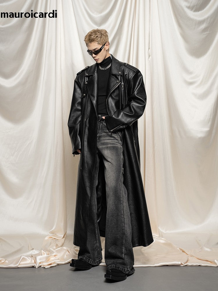 Mauroicardi Spring Autumn Oversized Cool Extra Long Black Pu Leather Trench Coat Men Zipper Loose Luxury European Fashion 2023