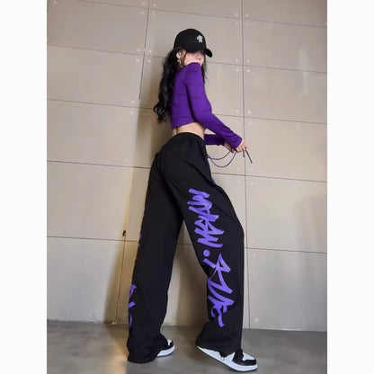 hiphop plus-size sweatpants female jazz dance dance pants American hiphop high waist wide leg drawstring casual sports pants