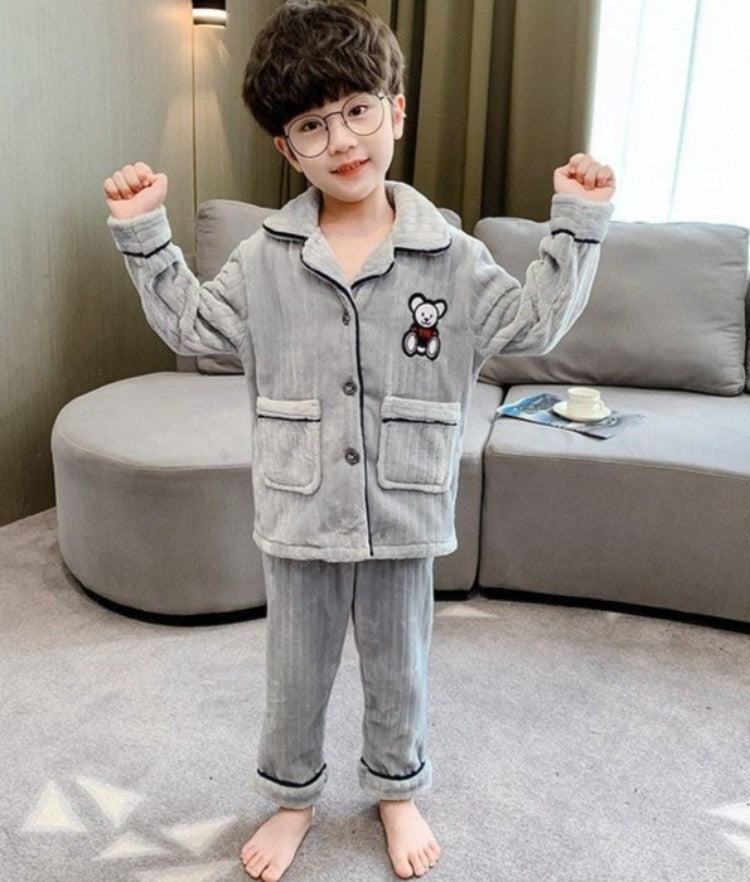 Boys Autumn Winter Thickened Flannel Coral Fleece Pajama Set Warm Kids Sleepwear Homewear