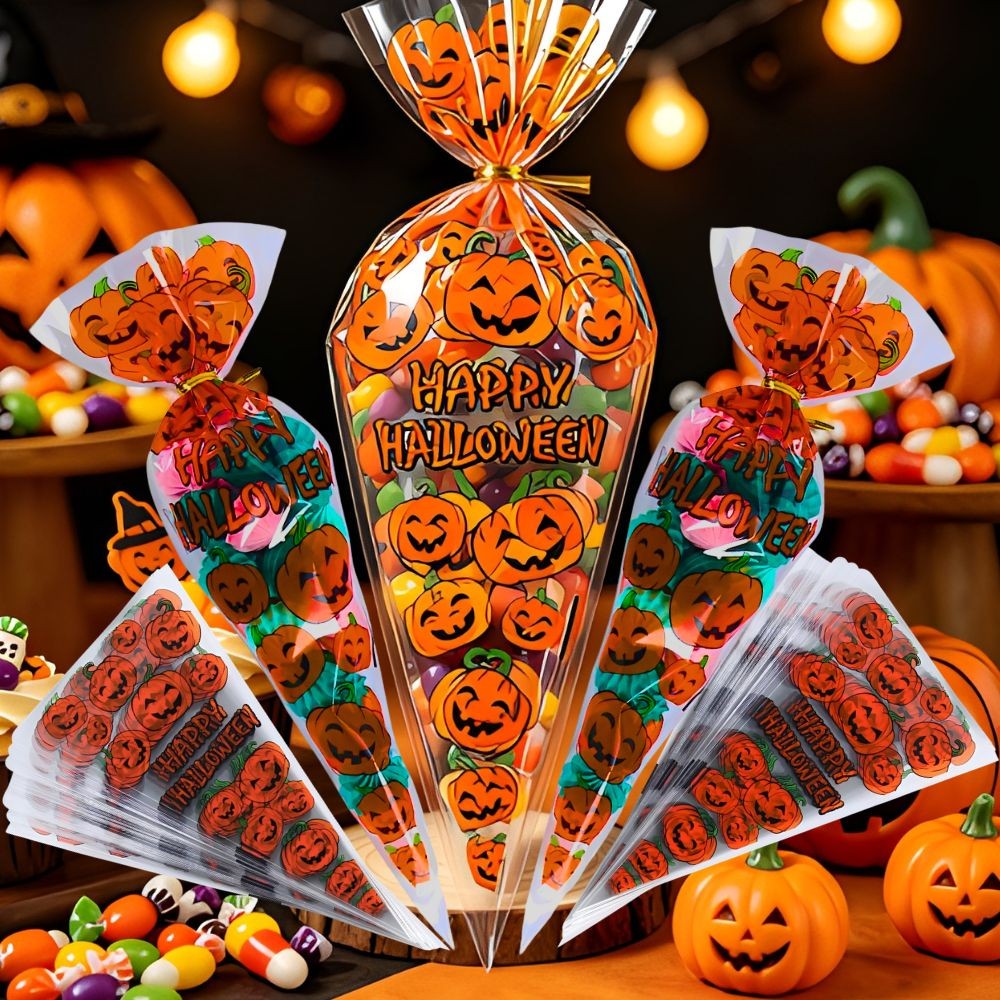 50/100pcs Cute Pumpkin Triangle Candy Bags Happy Halloween Print Cone Snack for Party Giveaways YMY