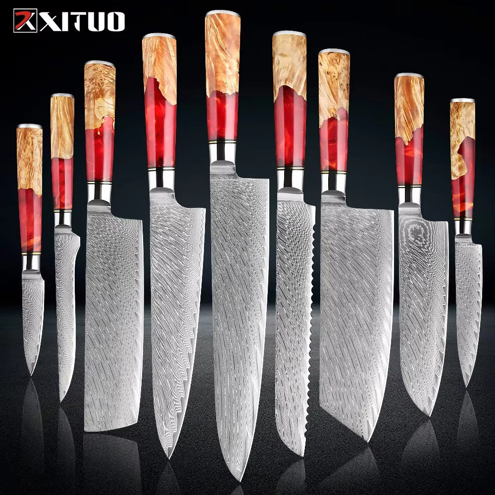 XITUO Conjunto de Facas de Cozinha de Aço Damasco de 1 a 9 Peças Inclui Faca do Chefe, Faca de Pão, Cutelo, Faca Santoku, Faca Nakiri para Desossar