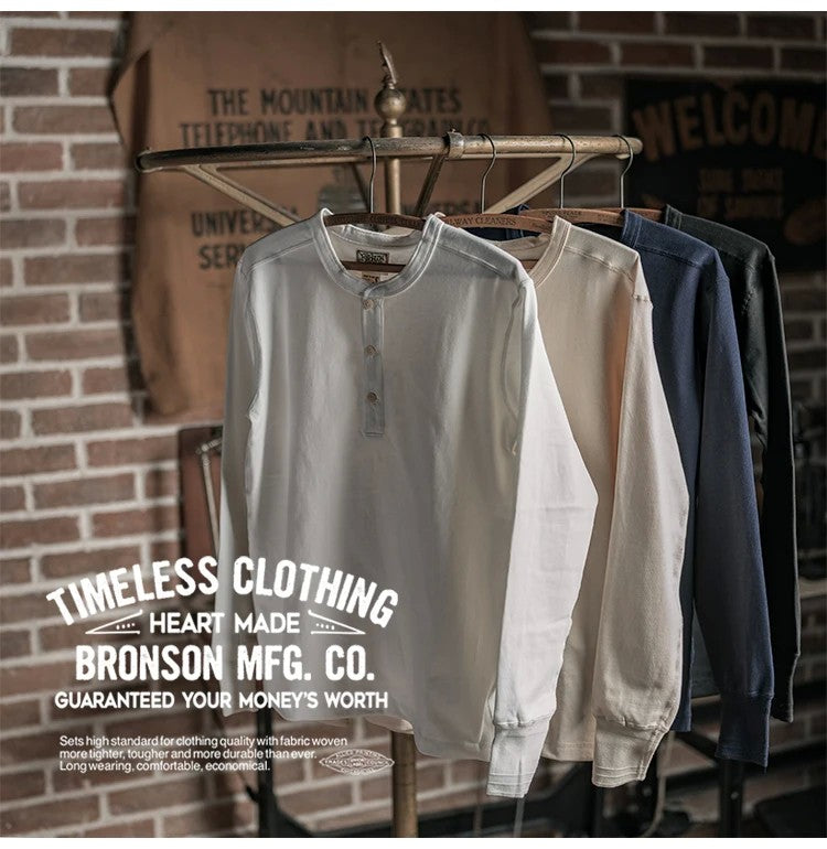 Bronson 350g Heavyweight L/S Henley Shirt Vintage Plain Base T-Shirt For Men