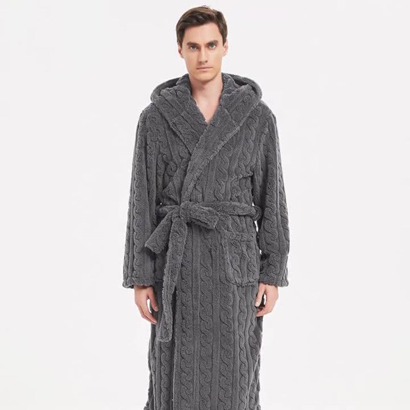 New American Cotton Velvet Jacquard Hooded Men's Dressing Gown with Fleece Thickened Autumn and Winter Couple Dressing Gown