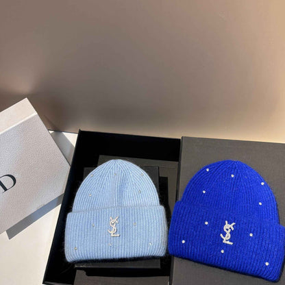 Rhinestone Decor Rabbit Fur Knitted Hat Warm Ear Flap Beanie for Women Luxury Soft Slouchy Cap Face Slimming Design