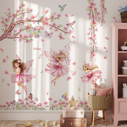Pink Tree Branches Birds Butterflies Elf Girls Meet Wall Stickers Bedroom Children's Room Home Wall Decoration Self-adhesive