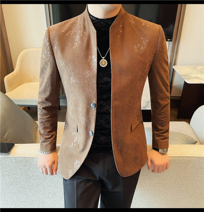 Men's New Chinese Stand Collar Blazer Jacket 2025 Fashion Elegant Printed Slim Fit Business Suits Jacket Tailcoat Men Clothing