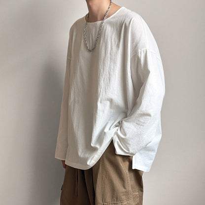 Spring Autumn Round Neck Loose T-Shirt Men Cotton Linen Long Sleeve Casual Male Tshirt Comfortable Breathable Hip Hop Tees Tops