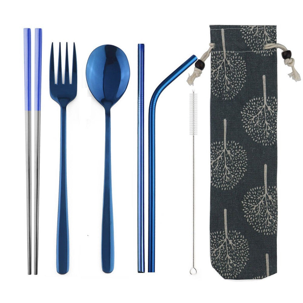 Conjunto de Talheres Portátil de Viagem JANKNG em Aço Inoxidável 304 com Garfo, Colher, Hashi, Canudo, Talheres Arco-Íris com Bolsa
