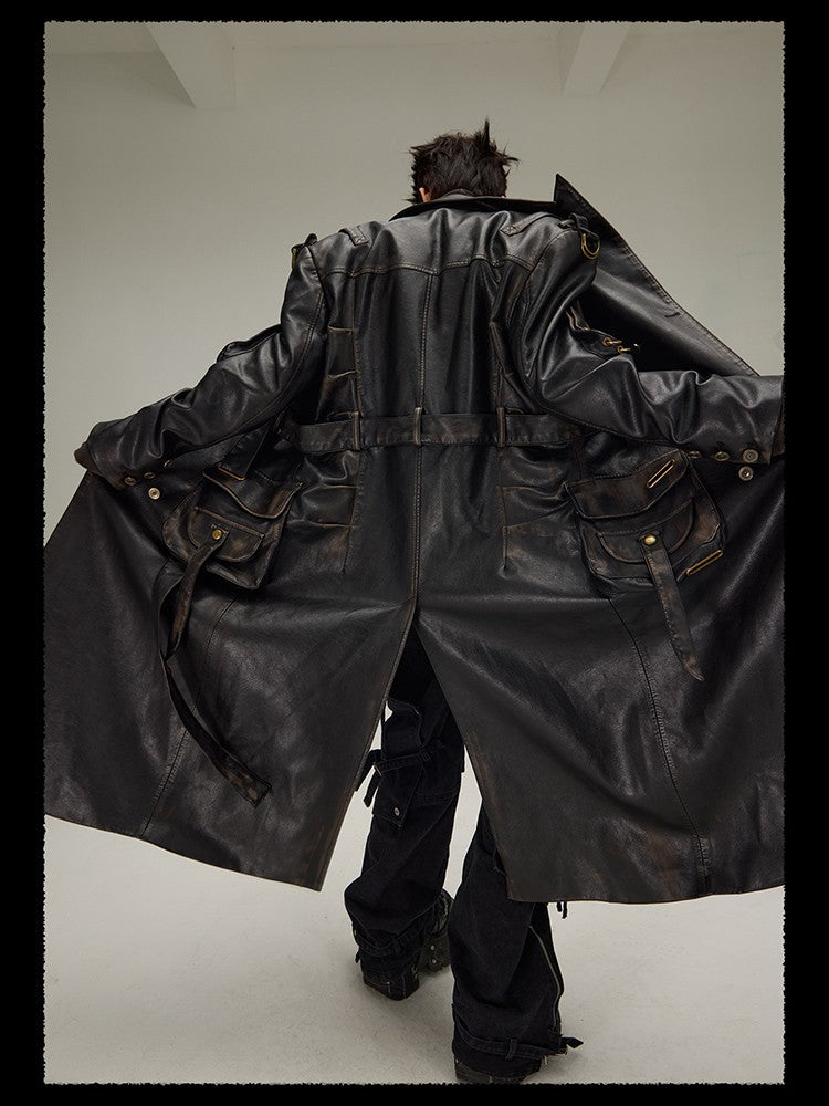Mauroicardi Spring Autumn Long  Distressed Black Pu Leather Trench Coat Men Belt Double Breasted Luxury European Fashion 2023