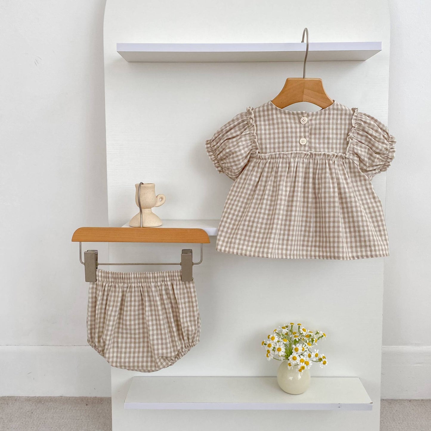 Girls Summer Fashion Set Children's Embroidered Grid Puff Sleeve Top+Shorts Two Piece Cute Baby Girls Clothes Set Baby Clothes