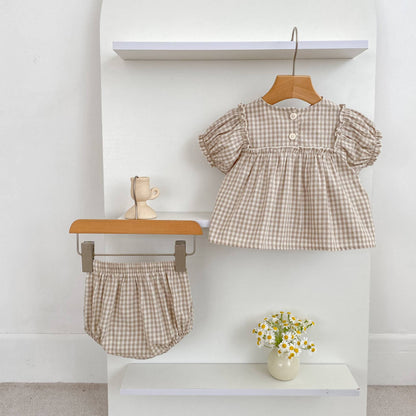 Girls Summer Fashion Set Children's Embroidered Grid Puff Sleeve Top+Shorts Two Piece Cute Baby Girls Clothes Set Baby Clothes