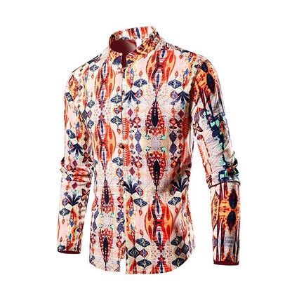 Chinese Style Men's Stand-up Collar Long-sleeved Shirt, Single-breasted Printed Shirts, Fashion Casual Camisas, Red Green Blue
