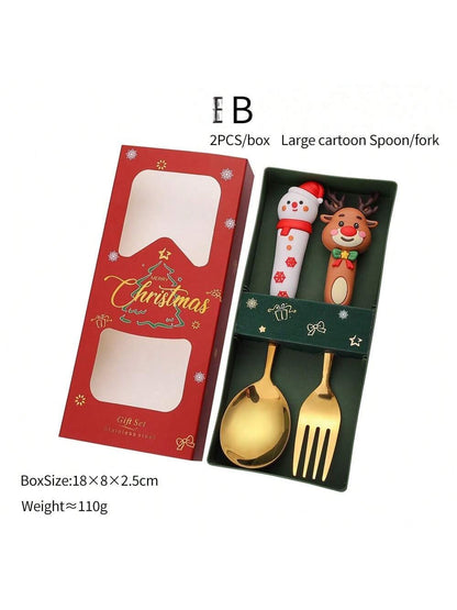 Christmas Spoon And Fork Sets Stainless Steel Tableware Coffee Tea Dessert Spoon And Fork Xmas Gifts For Guest New Year Gifts