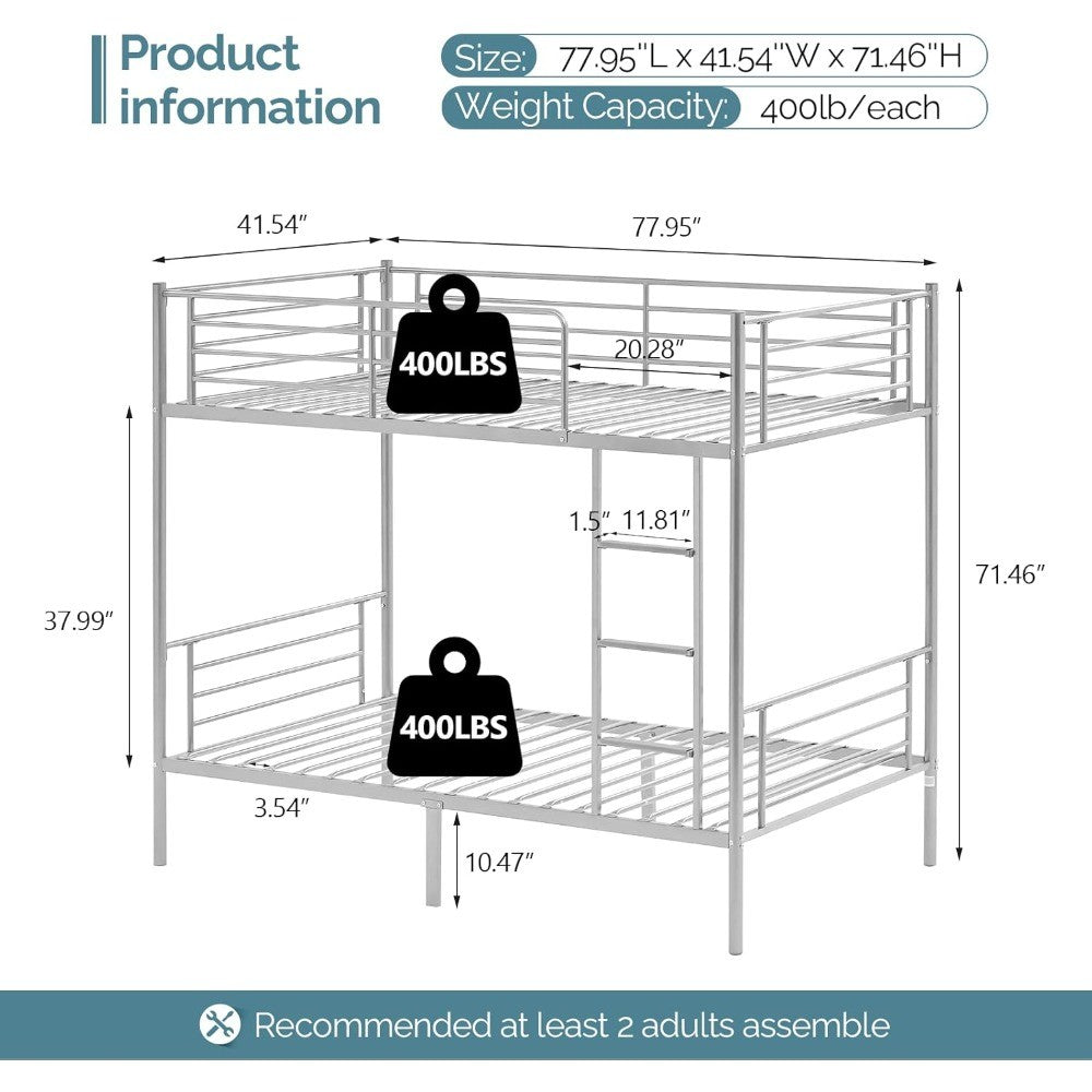 Metal Bunk Bed Twin Over Twin, Heavy Duty Bunk Bed with Flat Steps for Kids, Teens & Adults, Gray