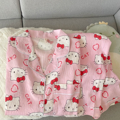 Cartoon Hello Kitty Pajamas Set Women's Autumn Winter Long Sleeve Loungewear Pink Cute Sleepwear Kawaii Soft Homewear Outfit
