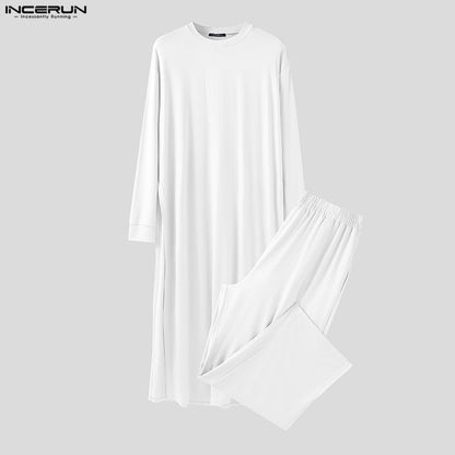INCERUN Men Sets Solid Color Long Sleeve Long Style T Shirt & Pants Two Pieces Sets Loose Streetwear Fashion Casual Men Suits