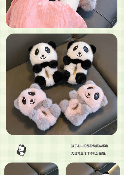 Cute panda children's slippers girls indoor slip on shoes, 2025 cartoon animal fur slippers house children flip flops