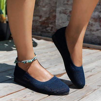 Cross-Border New Solid Color Round Toe Feizhi Flat Ballet Flats Women Casual Breathable Knit Slip-On Work Shoes