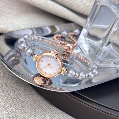 French Romantic Pearl Pull Cord Handheld Watch Elegant Small Fashion Bracelet Quartz Wristwatch Stylish Portable Timepiece