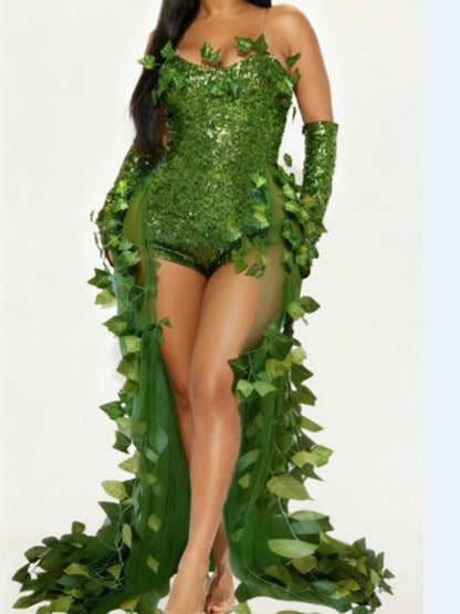 Sexy Halloween Costume Dress Adult Leaf Sequin Dance Dress Mini Skirt V-Neck Sleeveless Polyester Fiber Empire Waistline