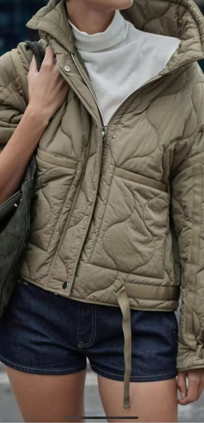 European and American style winter new style stand collar loose drawstring zipper cotton jacket for women