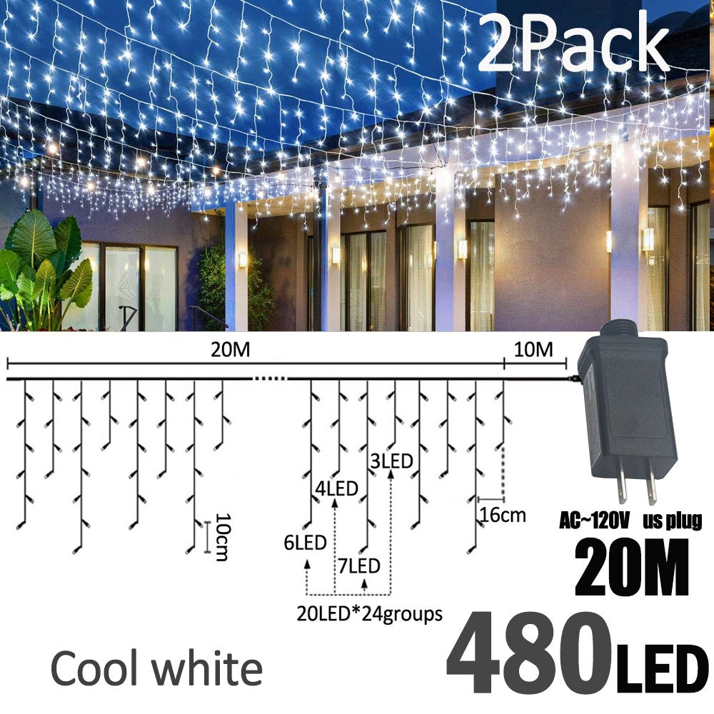LED Christmas Icicle Curtain String Lights 20M+10M 480LED Extens 8Modes, Plug in Waterproof for Wedding Party Home Garden