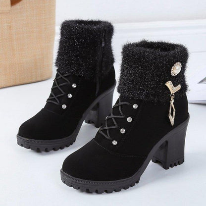 Women's Designer High Heels Shoes 2023 Winter New Warm Non-slip Block Cow Suede Warm Snow Boots Fashion Crystal Plush Goth Botas