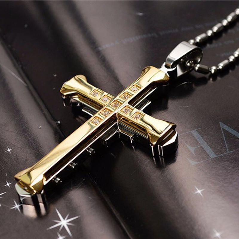 SUMENG 2025 Novo Colar Masculino de Aço Inoxidável com Pingente de Cruz de Cristal Jesus nas Cores Dourado/Preto/Azul e Zircônia
