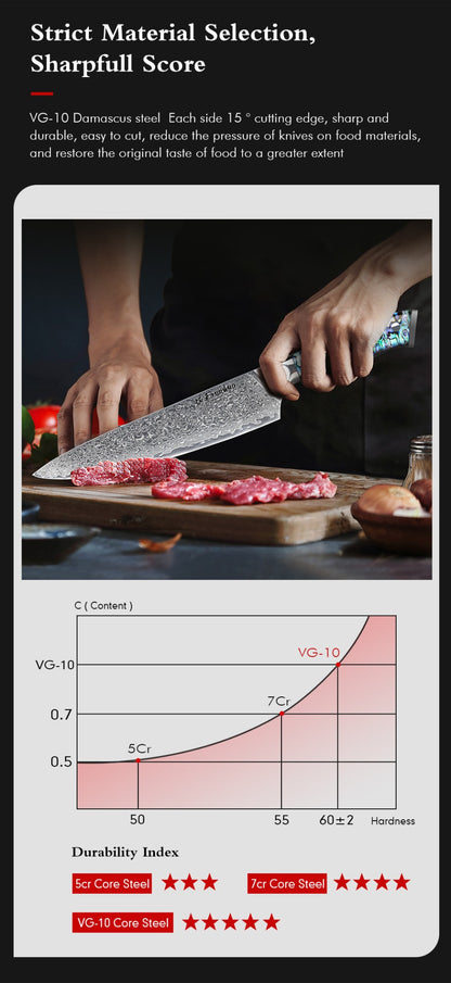 Faca de Cozinha TURWHO Japonesa de Aço Damasco de 67 Camadas com Cabo de Abalone Afiada Faca Santoku para Pão Bife Faca de Chef Ferramentas de Corte para Cozinha