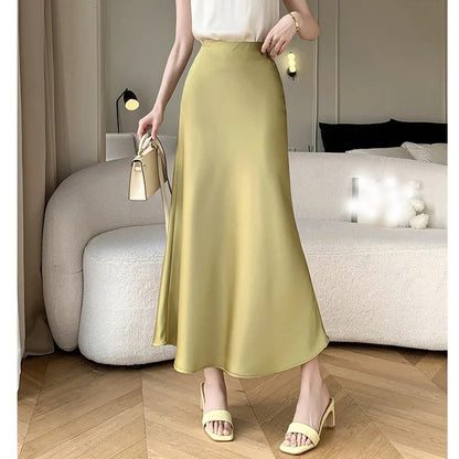 Plus Size Plus Size Satin Fish Tail Half Skirt Women's High Waist A- Line Midi Skirt Spring Summer New Style Bodycon Soft Dra...