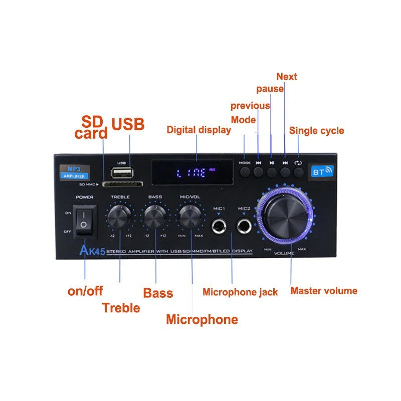 Amplificador de Áudio Bluetooth Digital AK45 HiFi MP3 Canal 2.0 Potência de Som AMP estéreo Casa Automotivo Carro para Alto-falantes MAX 350W*2
