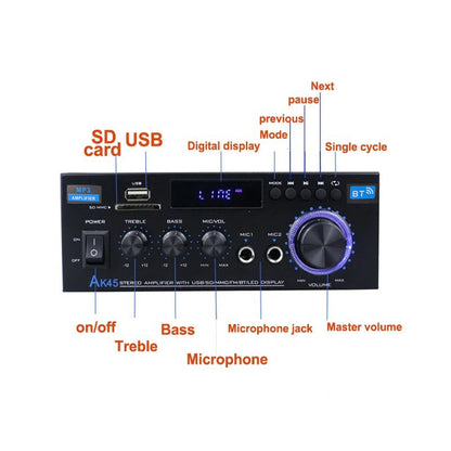 Amplificador de Áudio Bluetooth Digital AK45 HiFi MP3 Canal 2.0 Potência de Som AMP estéreo Casa Automotivo Carro para Alto-falantes MAX 350W*2