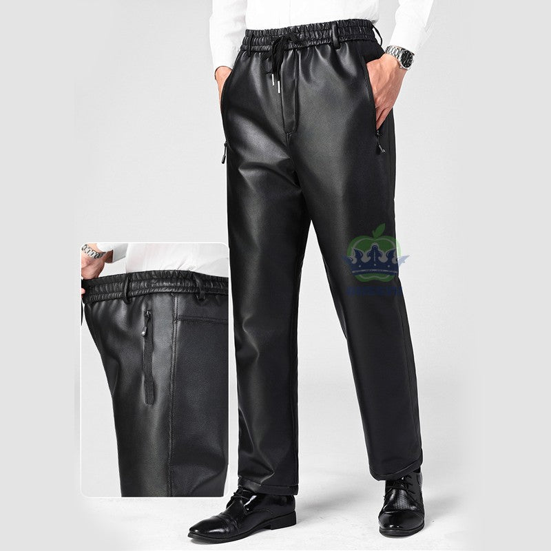 OUSSYU Brand High Quality Winter Outdoors Fleece Warm Pants Men Zippered Pocket Business Straight Flocking PU Trousers Plus Size