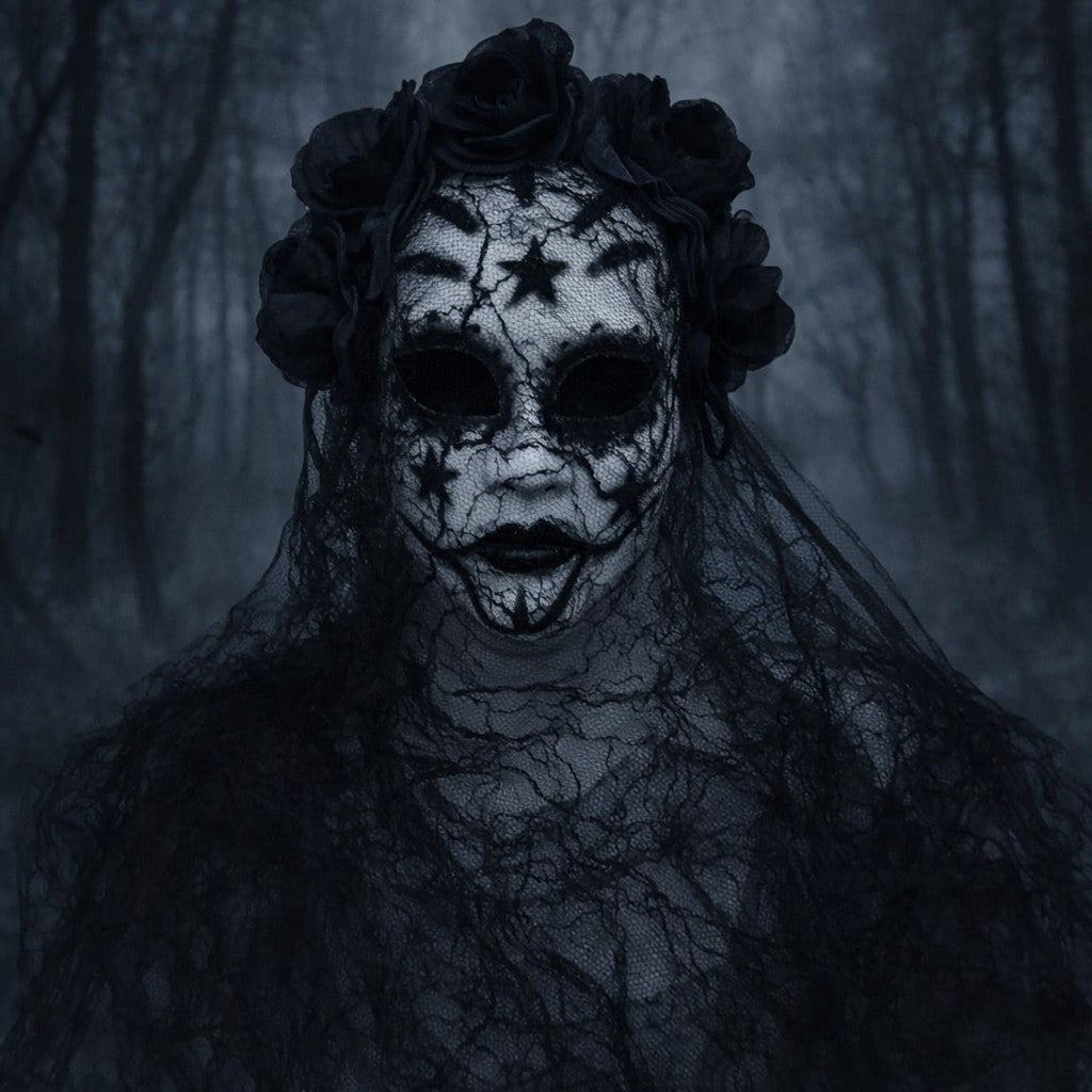 Gothic Bride Skull Mask, Black Veil & Rose Decorated Full Face Mask for Halloween, Cosplay and Party