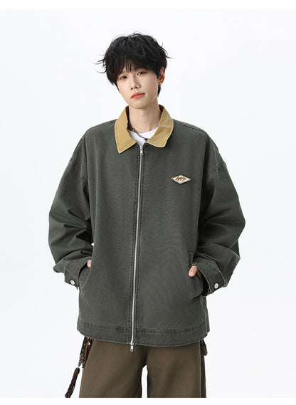 Maxbarley Trendy Cotton Jacket Men Autumn 2025 Hip-Hop Stitching Windproof Lapel Jackets K-Pop Antique Washed Motorcycle Coat