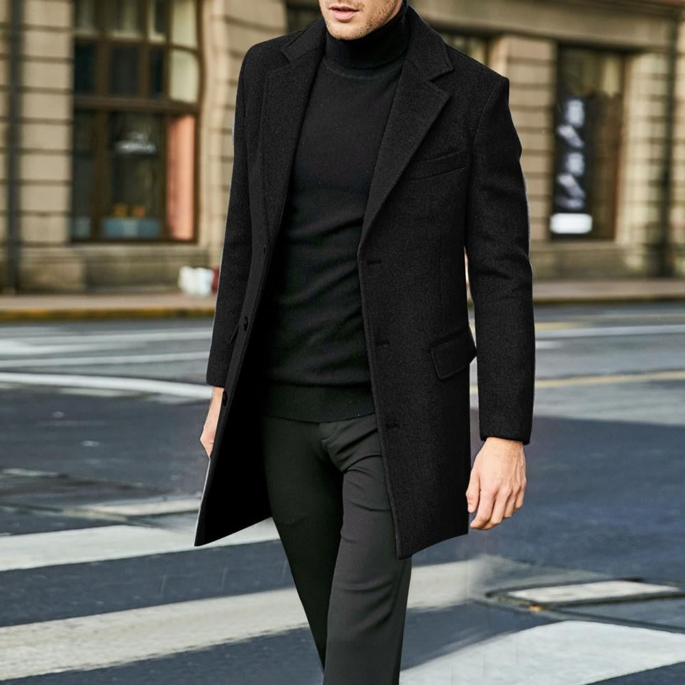 British Style Men Woolen Coat Flap Pockets Single breasted Elegant Men Trench Coat Mid length Long Winter Warm Overcoat