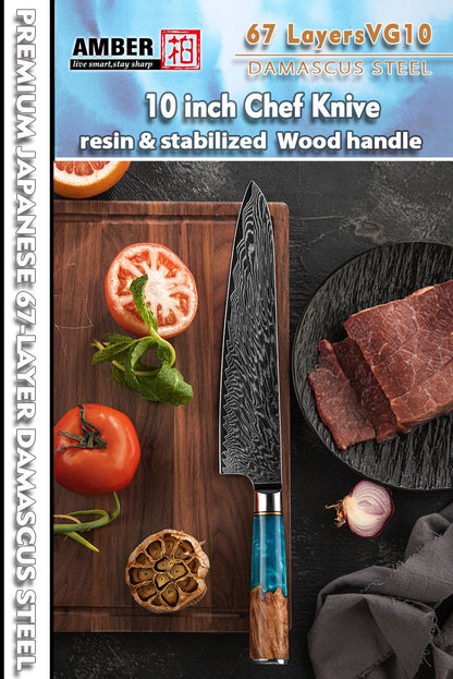 Conjunto de Facas de Cozinha Amber Hot selling 67 Camadas de Aço Damasco Lâmina Super Afiada Fio 10Cr15CoMoV com Cabo de Resina e Madeira