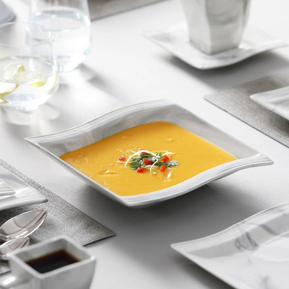 MALACASA FLORA 30PCS Marble Porcelain Dinnerware Set with 6 Piece Dinner Plate Dessert Plate Soup Plate Cups &Saucers