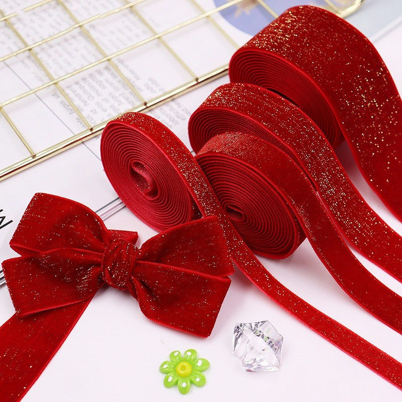 6/10/20/38mm Christmas Velvet Bow Gift Ribbon Packaging DIY New Year Red Velvet Gold Glitter Festival Ribbon for DecorationDD14