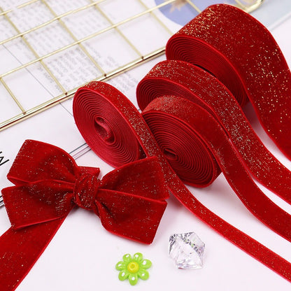 6/10/20/38mm Christmas Velvet Bow Gift Ribbon Packaging DIY New Year Red Velvet Gold Glitter Festival Ribbon for DecorationDD14