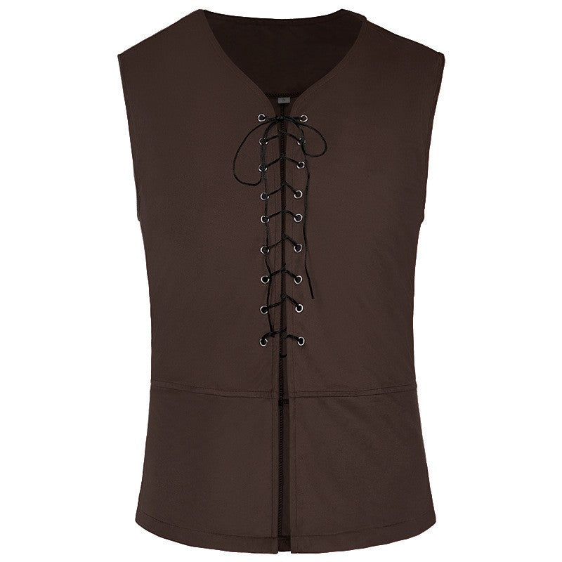 4 Pcs Men's Halloween Renaissance Costume Set Medieval Vest Shirt Ankle Banded Pants Viking Belt Armband Pouch