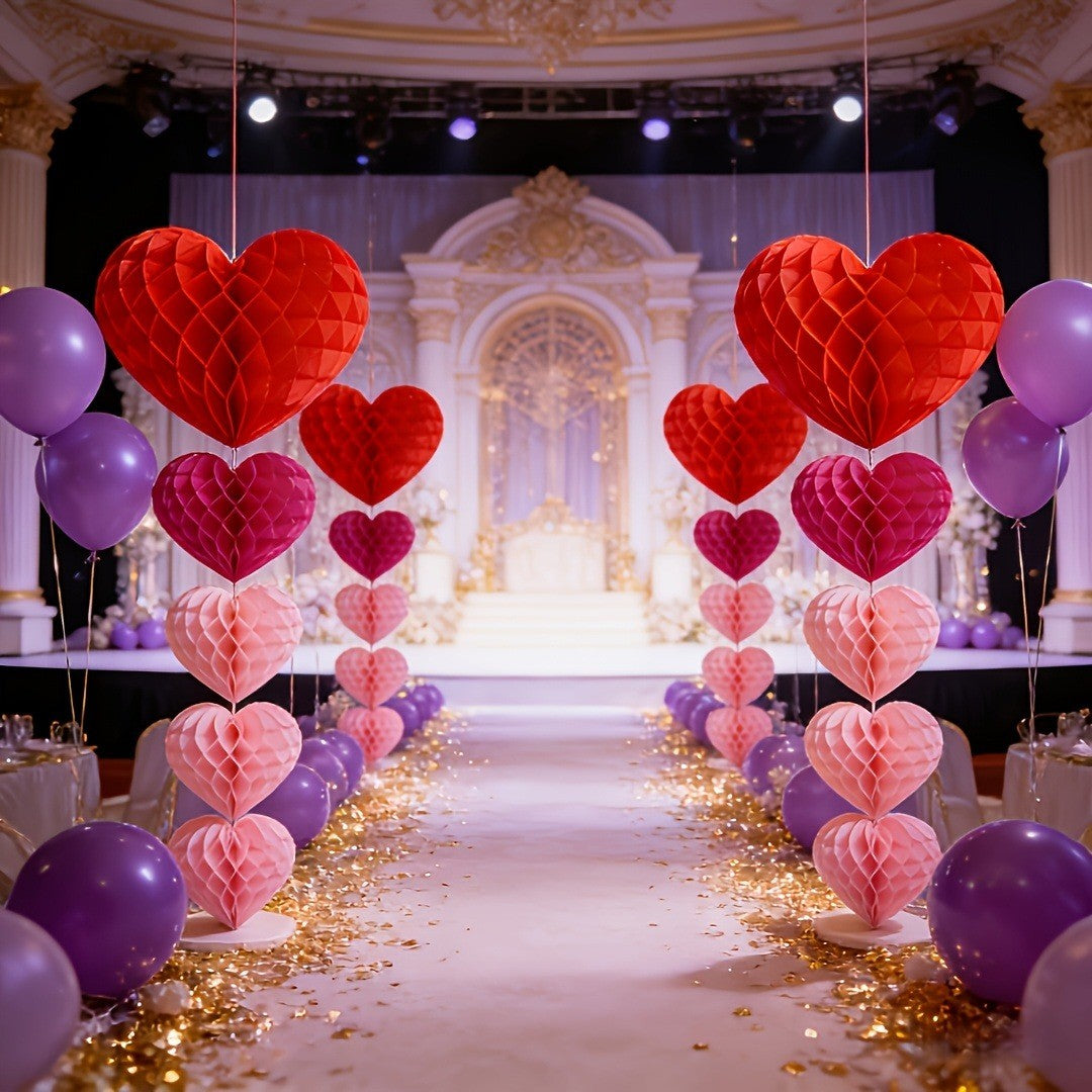 10 pcs Valentine's Day heart-shaped paper felt balls, party hanging ornaments, - red and pink honeycomb balls, wedding, birthday